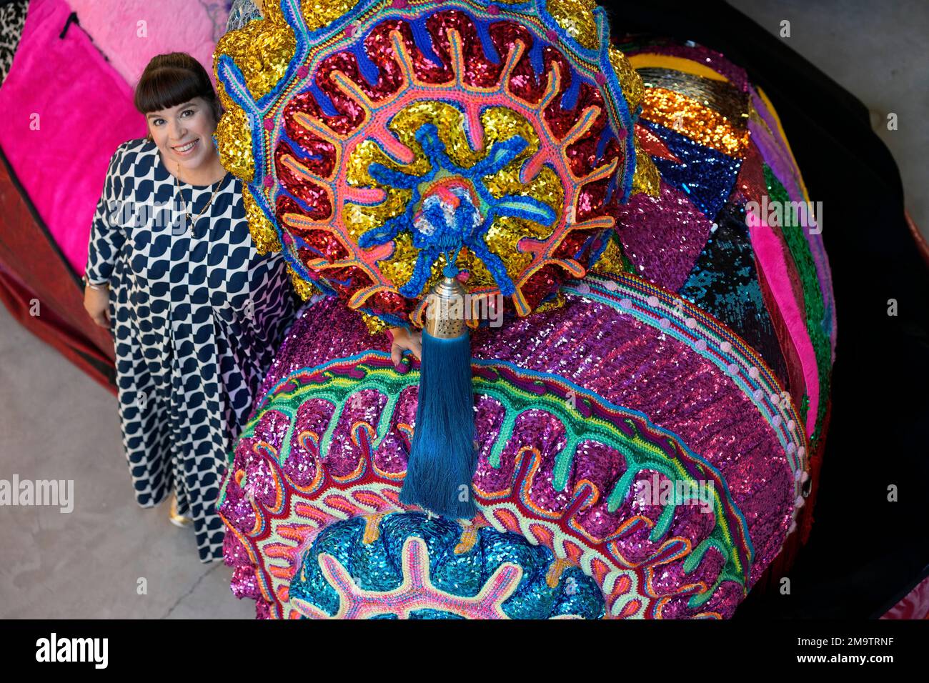 Portuguese artist Joana Vasconcelos poses for a picture by one of her ...