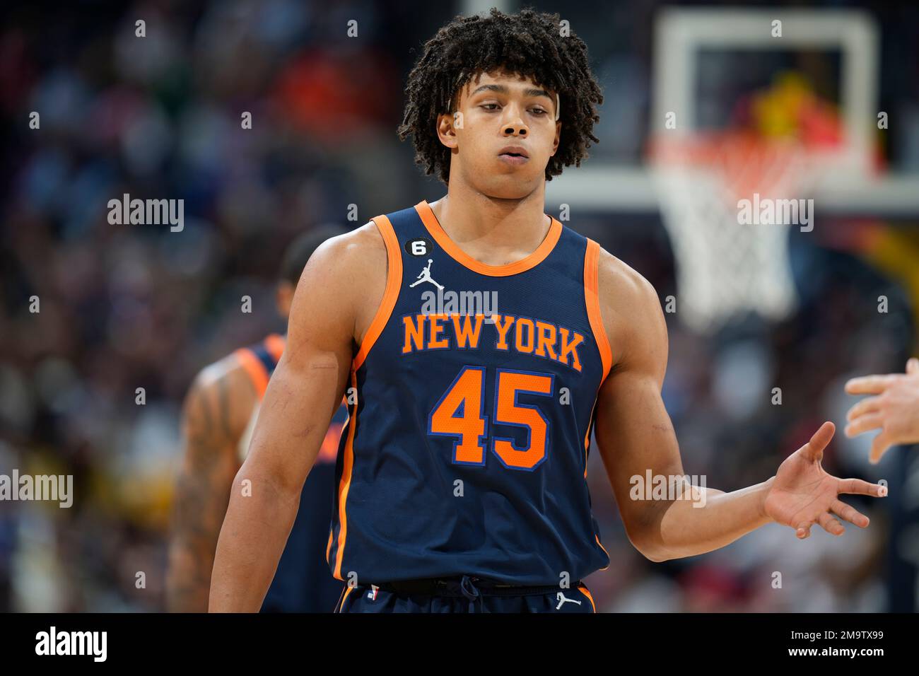 New York Knicks center Jericho Sims 45 in the first half of an NBA basketball game Wednesday Nov. 16 2022 in Denver. AP Photo David Zalubowski Stock Photo Alamy