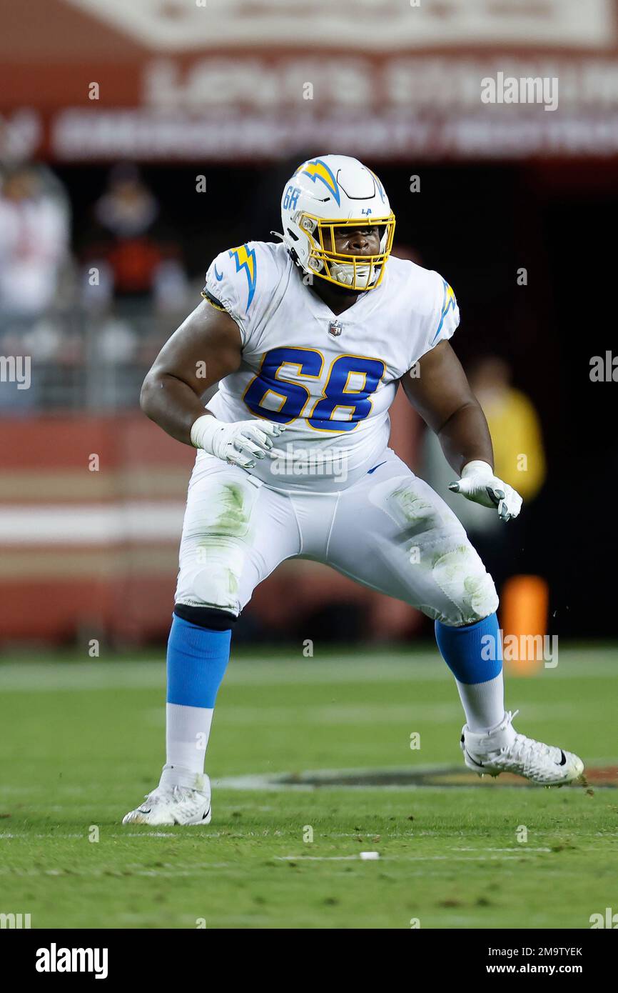 Los Angeles Chargers guard Jamaree Salyer (68) blocks San Francisco 49ers  defensive end Drake Jackson (95) during an NFL football game , Sunday,  Nov.13, 2022, in Santa Clara, Calif. (AP Photo/Scot Tucker