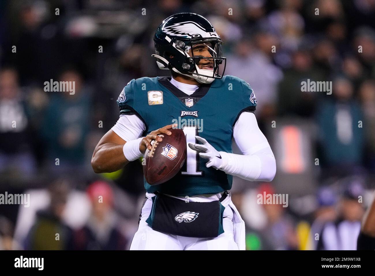 Philadelphia Eagles quarterback Jalen Hurts in action during an NFL