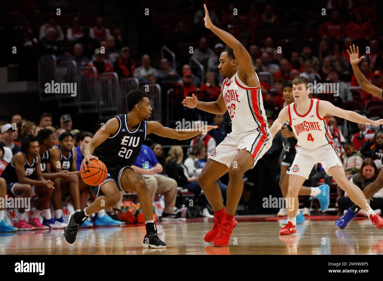Ohio State's Zed Key, right, stops Eastern Illinois' Caleb Donaldson
