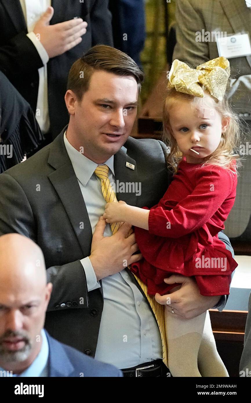 Oklahoma State Rep.elect Kyle Hilbert holds his threeyearold