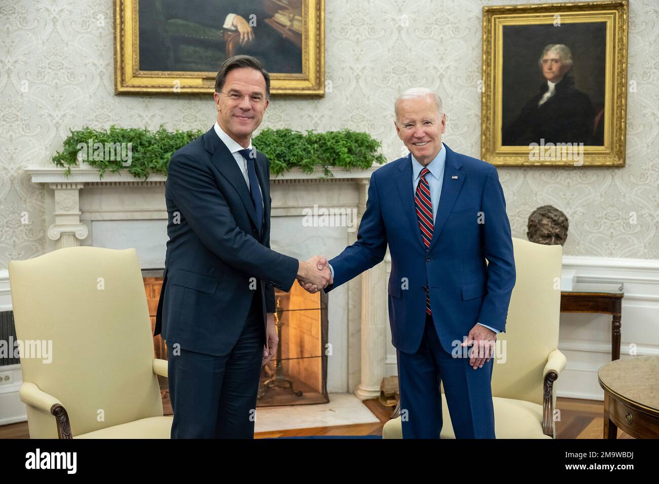 Washington, United States Of America. 17th Jan, 2023. Washington, United States of America. 17 January, 2023. U.S President Joe Biden welcomes Dutch Prime Minister Mark Rutte, left, before the start of a bilateral meeting in the Oval Office of the White House, January 17, 2023 in Washington, DC Credit: Adam Schultz/White House Photo/Alamy Live News Stock Photo