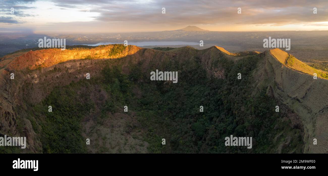 Panoramic view on Santiago crater in Nicaragua aerial drone view on sunset light Stock Photo