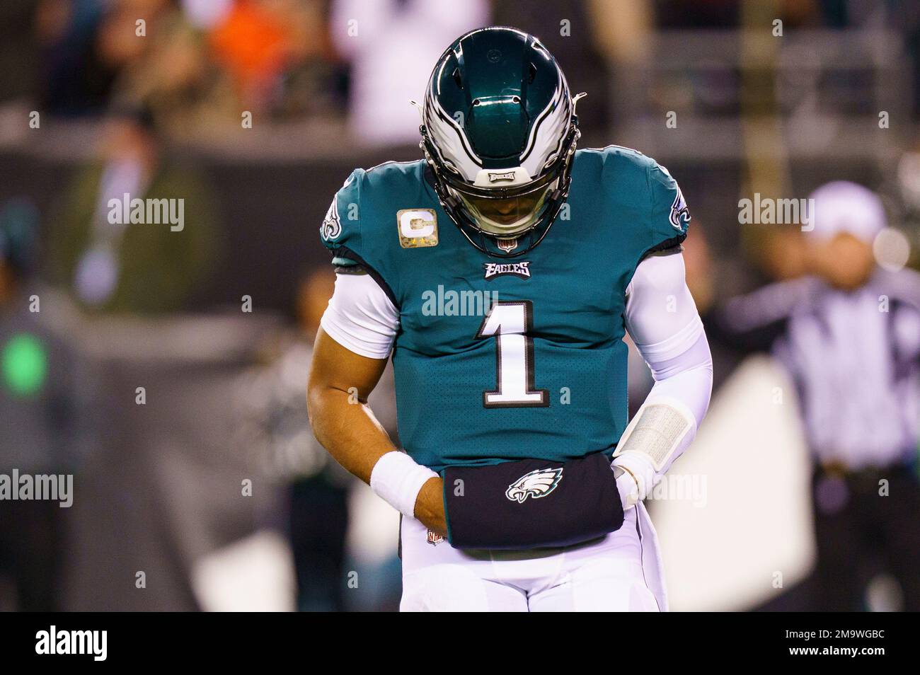 Philadelphia Eagles quarterbacks Jalen Hurts (1) reacts during the NFL