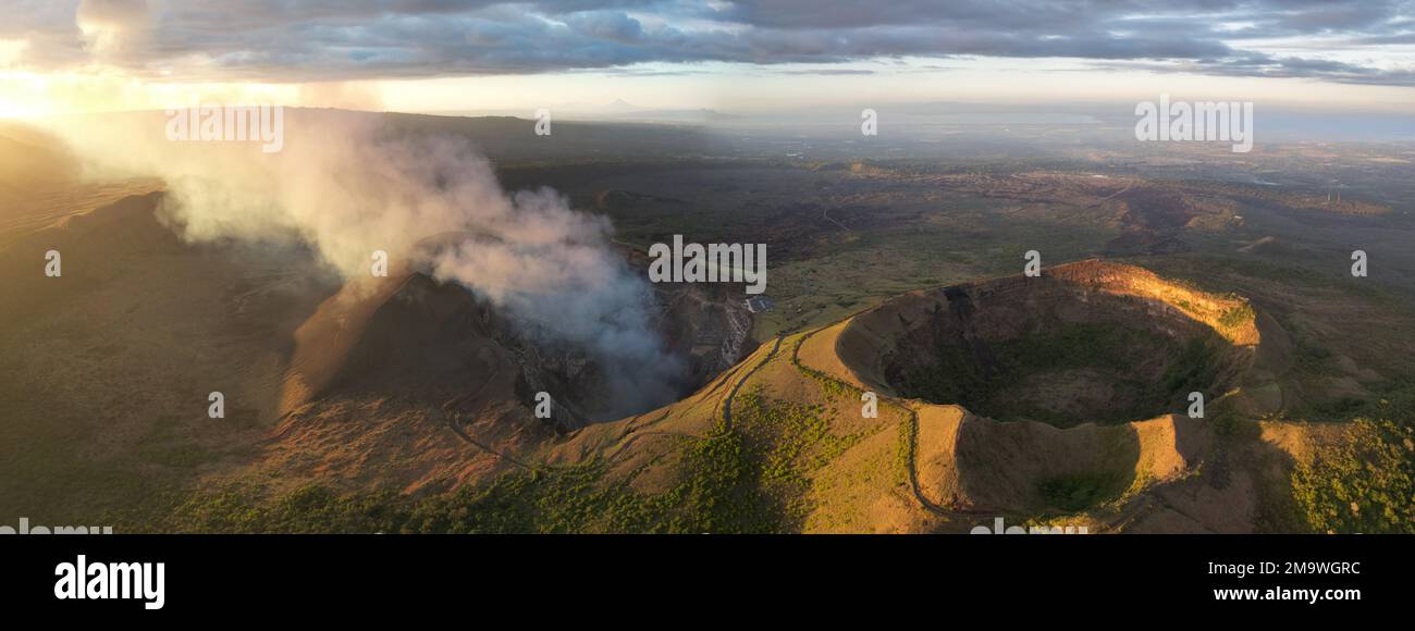 Santiago volcano crater in Masaya Nicaragua aerial drone view on sunset time Stock Photo