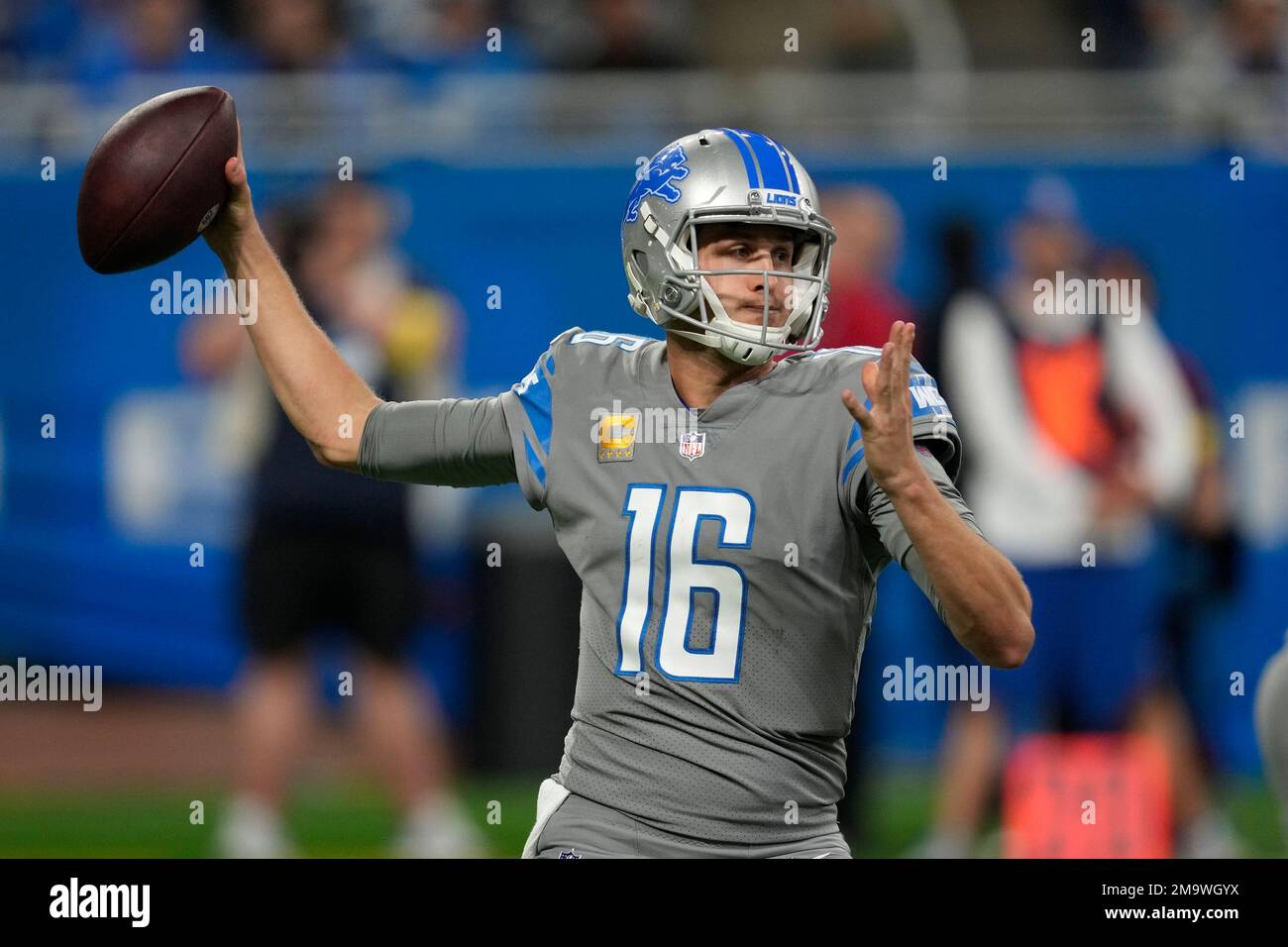 Detroit Lions quarterback Jared Goff (16) throws against the Miami
