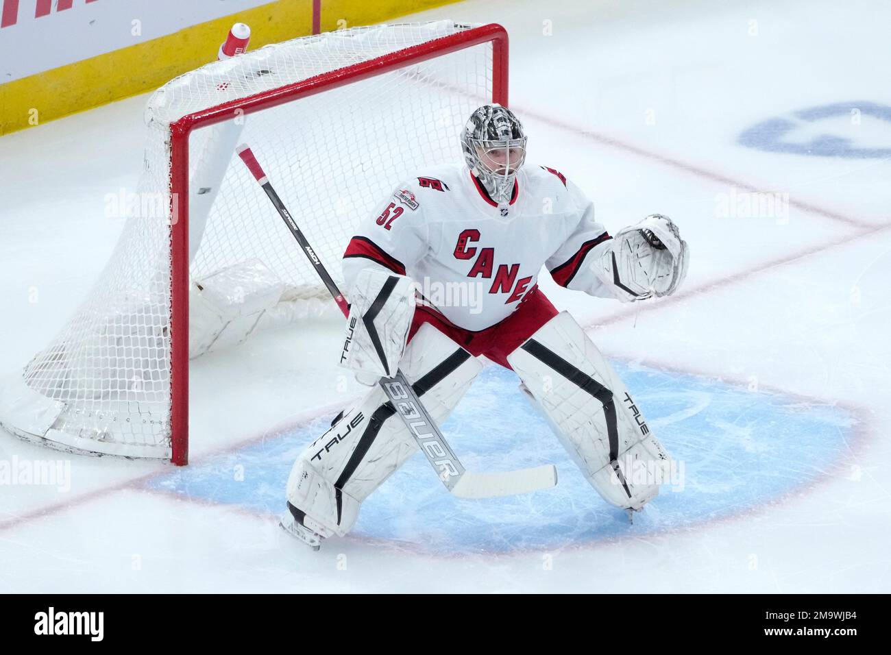 Carolina Hurricanes goaltender Pyotr Kochetkov sets up in the net