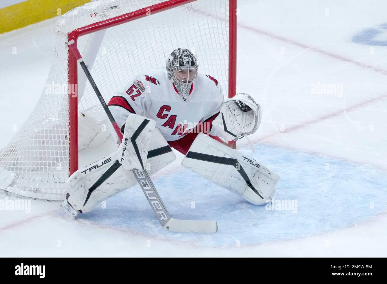 Carolina Hurricanes goaltender Pyotr Kochetkov sets up in the net