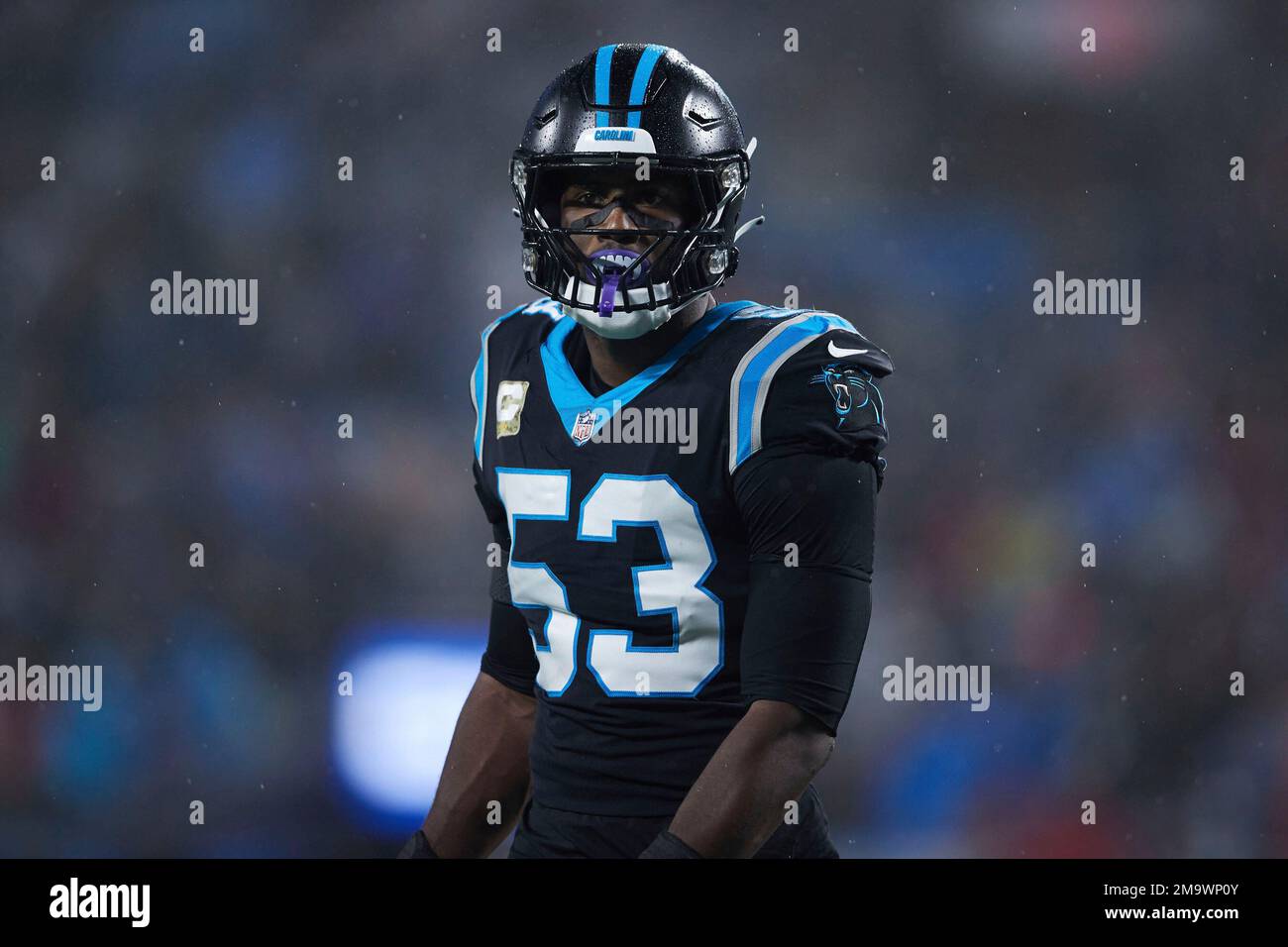 Carolina Panthers defensive end Brian Burns (53) during an NFL football  game against the Atlanta Falcons, Thursday, Nov. 10 2022, in Charlotte,  N.C. (AP Photo/Brian Westerholt Stock Photo - Alamy