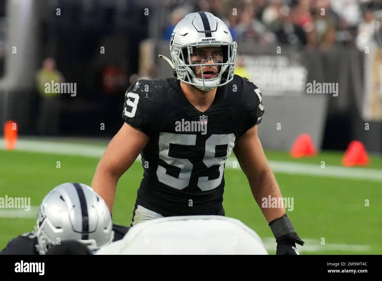 Las Vegas Raiders linebacker Luke Masterson (59) lines up against the  Indianapolis Colts during the first half of an NFL football game, Sunday, Nov  13, 2022, in Las Vegas. (AP Photo/Rick Scuteri