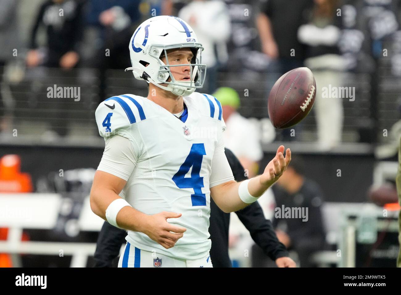 Indianapolis Colts quarterback Sam Ehlinger (4) warms up before a NFL