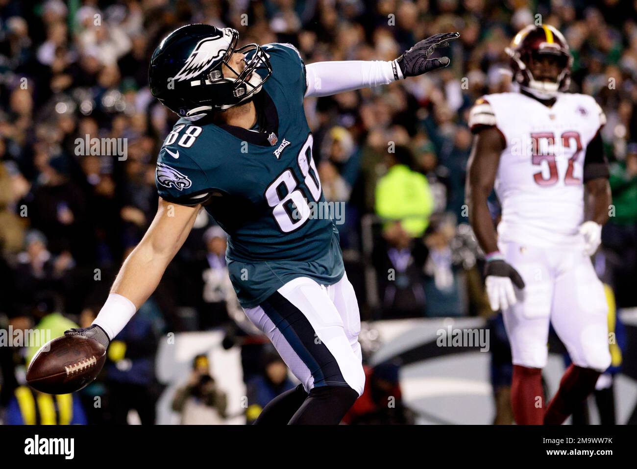 Philadelphia, United States. 21st Jan, 2023. Philadelphia Eagles tight end  Dallas Goedert (88) celebrates his touchdown during the first half of the  NFL Divisional Round Playoff game against the New York Giantsat