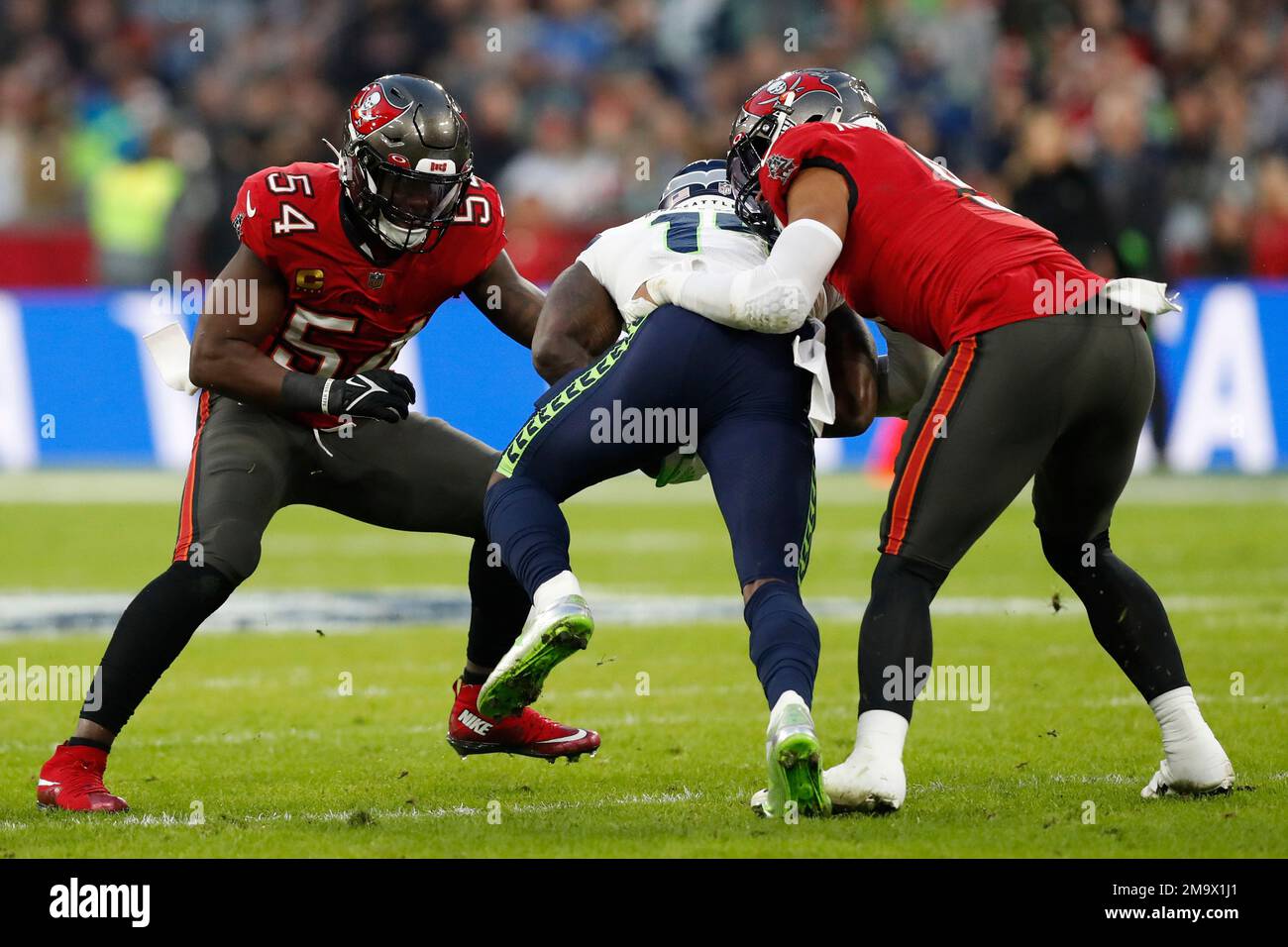 Tampa Bay Buccaneers linebacker Lavonte David (54) in action during an NFL  football game against the Seattle Seahawks at Allianz Arena in Munich,  Germany, Sunday, Nov. 13, 2022. The Tampa Bay Buccaneers