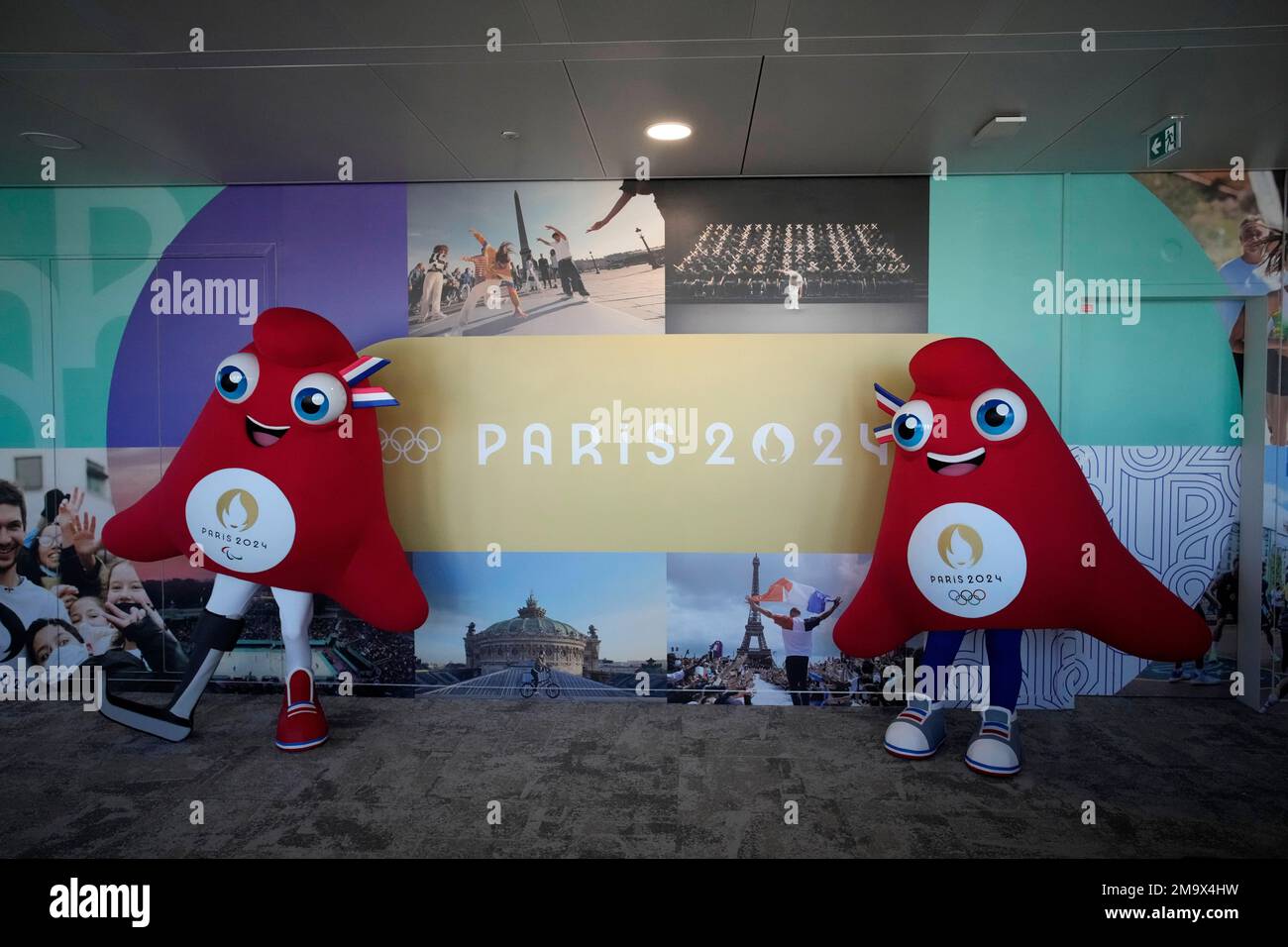 Mascots of the 2025 Paris Olympic Games, right, and Paralympics Games