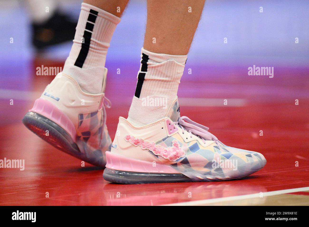 The shoes of Utah Jazz forward Lauri Markkanen (23) are seen as he stands  on the court during the second half of an NBA basketball game against the  Washington Wizards, Saturday, Nov.