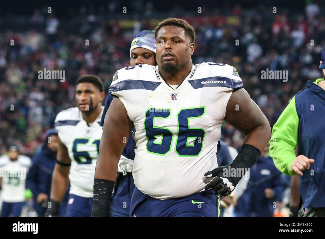 Seattle Seahawks guard Gabe Jackson (66) leaves the field at halftime of an  NFL football game against the Tampa Bay Buccaneers on Nov. 13, 2022, in  Munich. The Buccaneers defeated the Seahawks