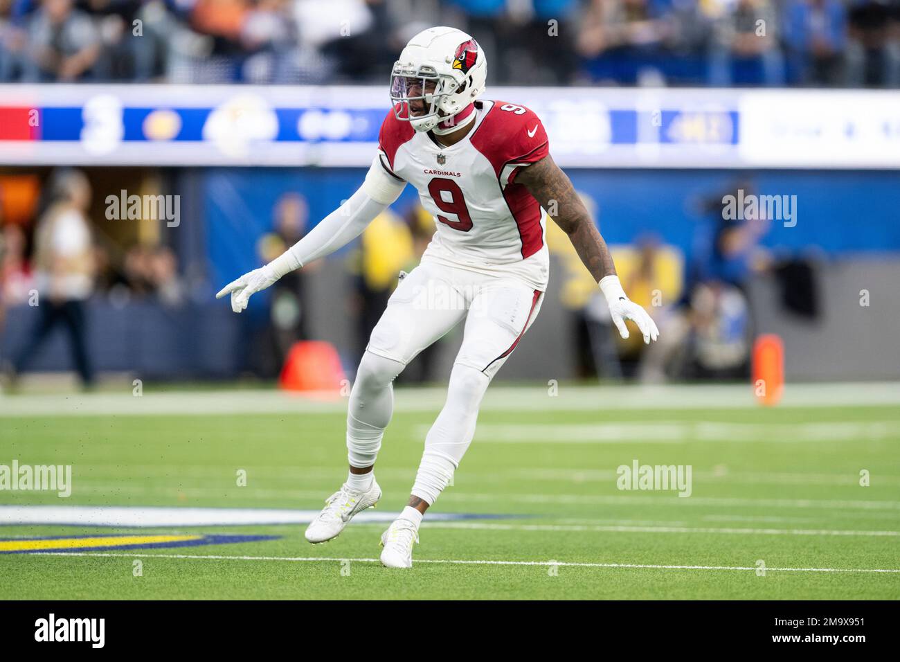 Linebacker (9) Isaiah Simmons of the Arizona Cardinals stands for the  National Anthem before playing against the Los Angeles Rams in an NFL  football game, Sunday, Sept. 25, 2022, in Glendale, AZ.