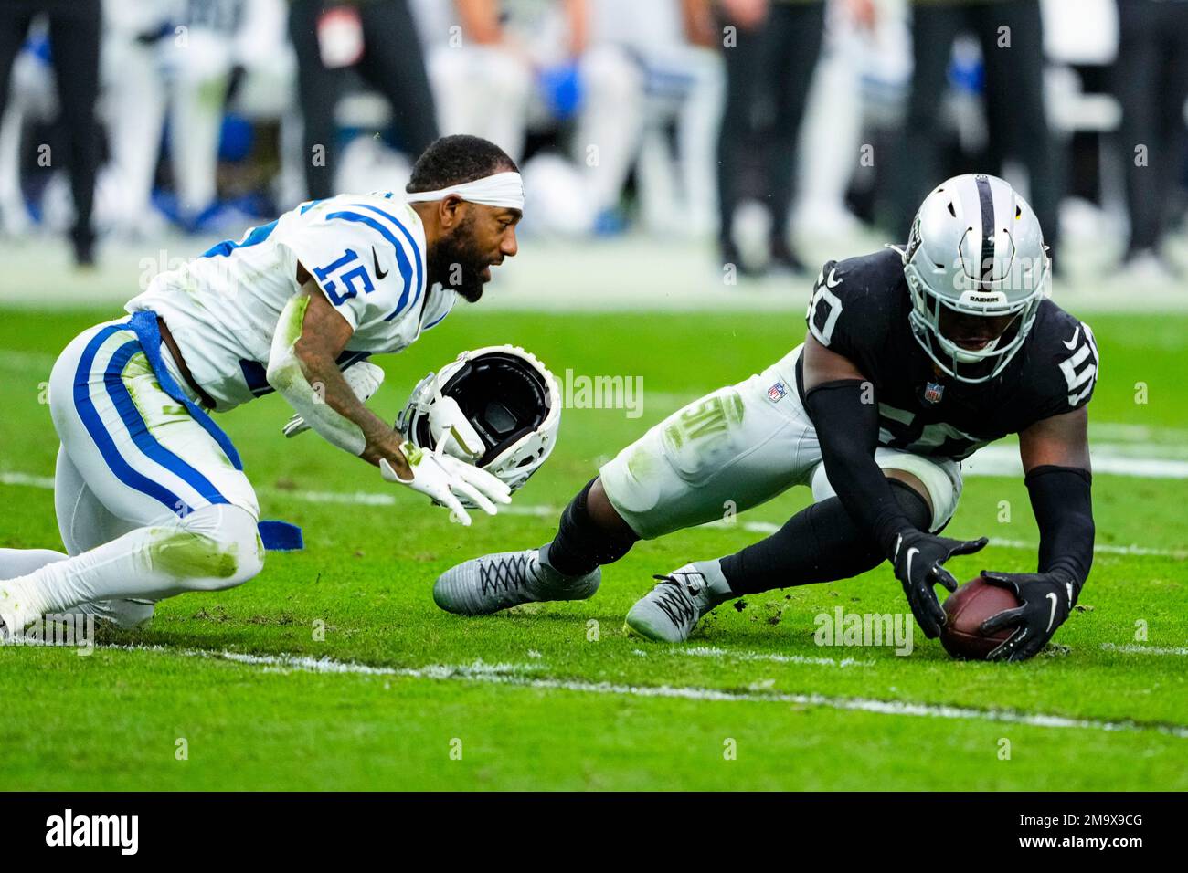 Las Vegas Raiders linebacker Jayon Brown (50) in the first half of an NFL  football game Sunday, Nov. 20, 2022, in Denver. (AP Photo/David Zalubowski  Stock Photo - Alamy