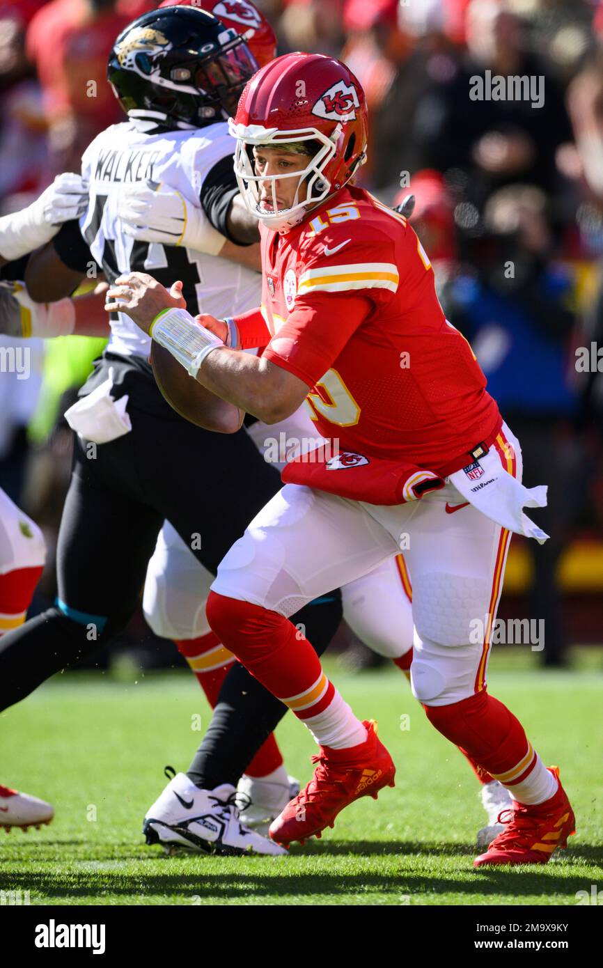 Kansas City Chiefs quarterback Patrick Mahomes (15) scrambles away from
