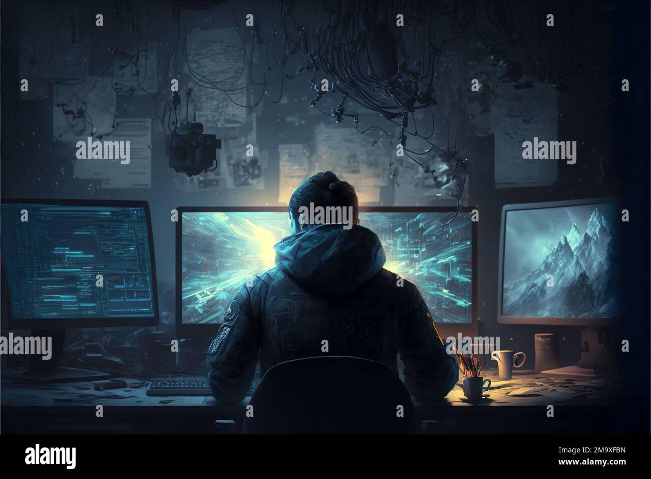 Hacker works in dark room, man uses computer with monitors for crime, generative AI. Concept of ransomware, cyber security, hack, vulnerability, techn Stock Photo