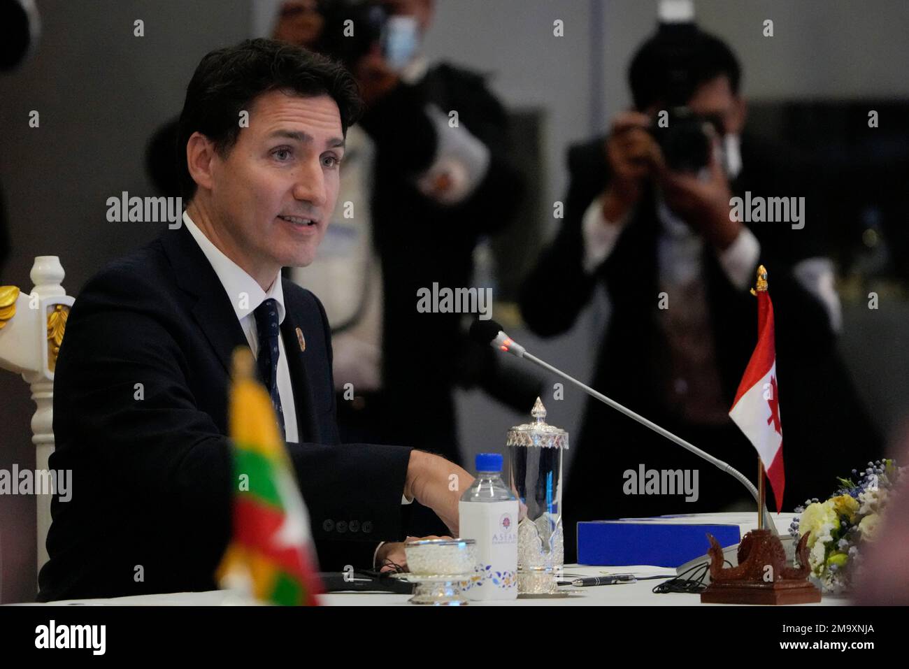 Canada's Prime Minister Justin Trudeau, speaks during the ASEAN - Canada summit in Phnom Penh, Cambodia, Saturday, Nov. 12, 2022. (AP Photo/Anupam Nath) Stock Photo