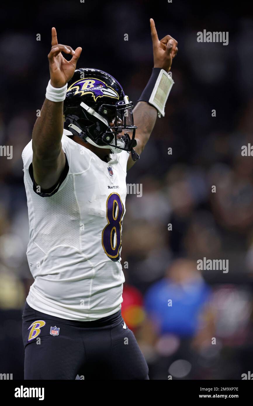 Baltimore Ravens quarterback Lamar Jackson (8) celebrates after a touchdown  during an NFL football game against the New Orleans Saints, Monday, Nov. 7,  2022, in New Orleans. (AP Photo/Tyler Kaufman Stock Photo - Alamy