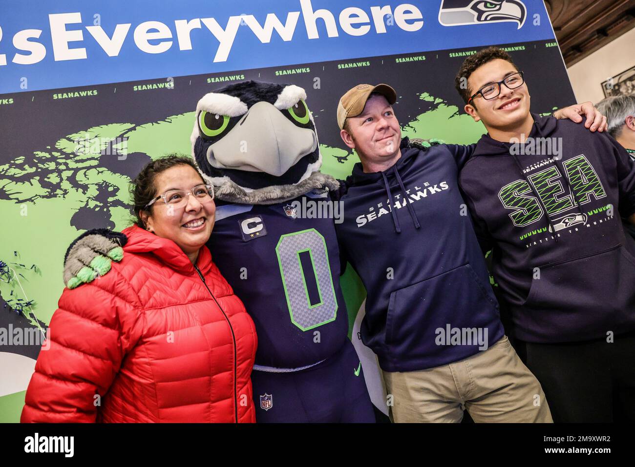 Seahawks' mascot, Blitz poses for a photo with fans during the Seattle  Seahawks Pub Event at the Augustiner Stammhaus pub, on Friday, Nov. 11 2022  in Munich. (AP Photo/Omer Messinger Stock Photo 