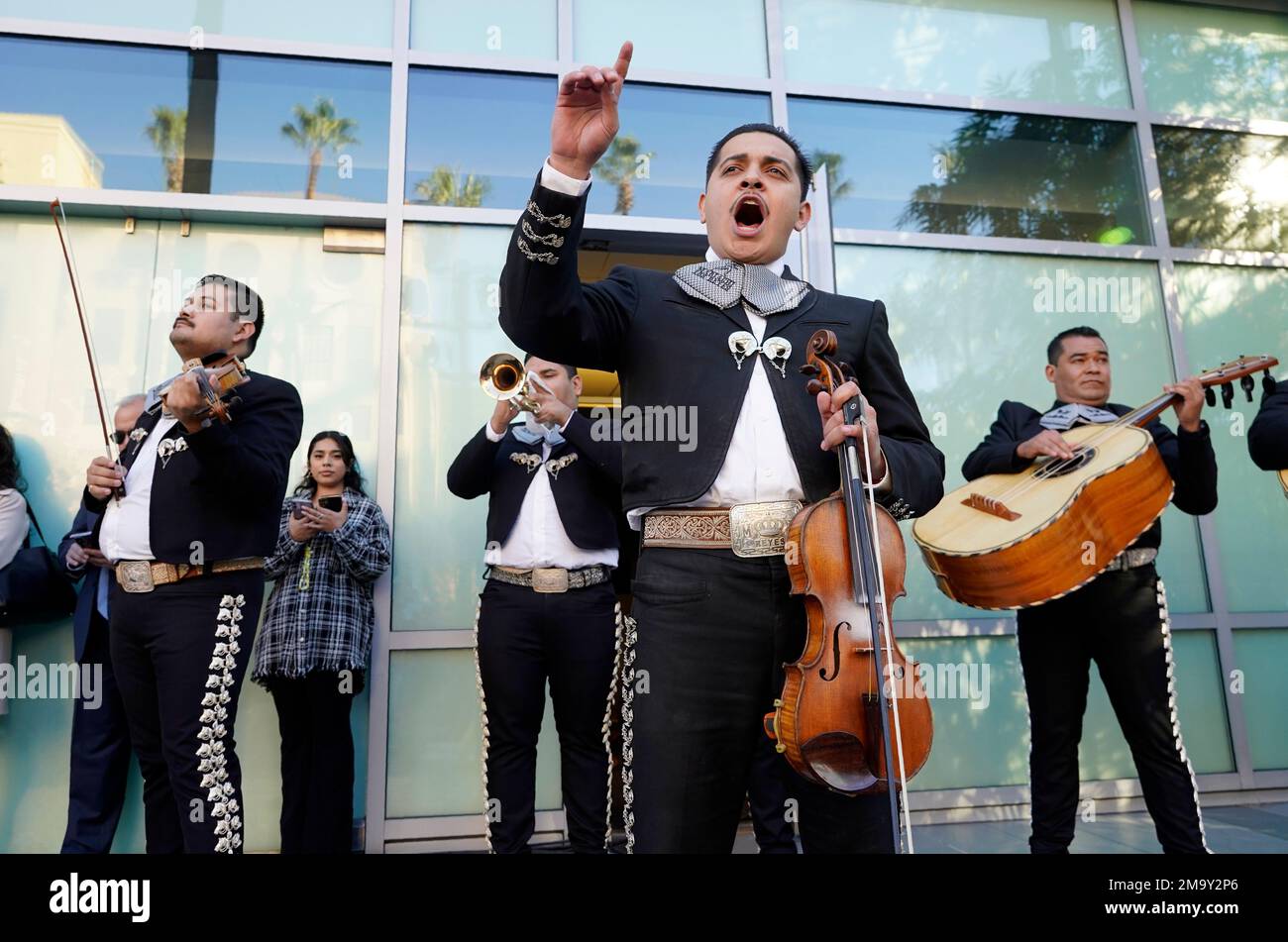 Luis Aparicio, center, of the Mariachi Los Reyes band, performs before a  ceremony to award Mexican actor/singer/radio personality Angelica Vale a  star on the Hollywood Walk of Fame, Thursday, Nov. 10, 2022