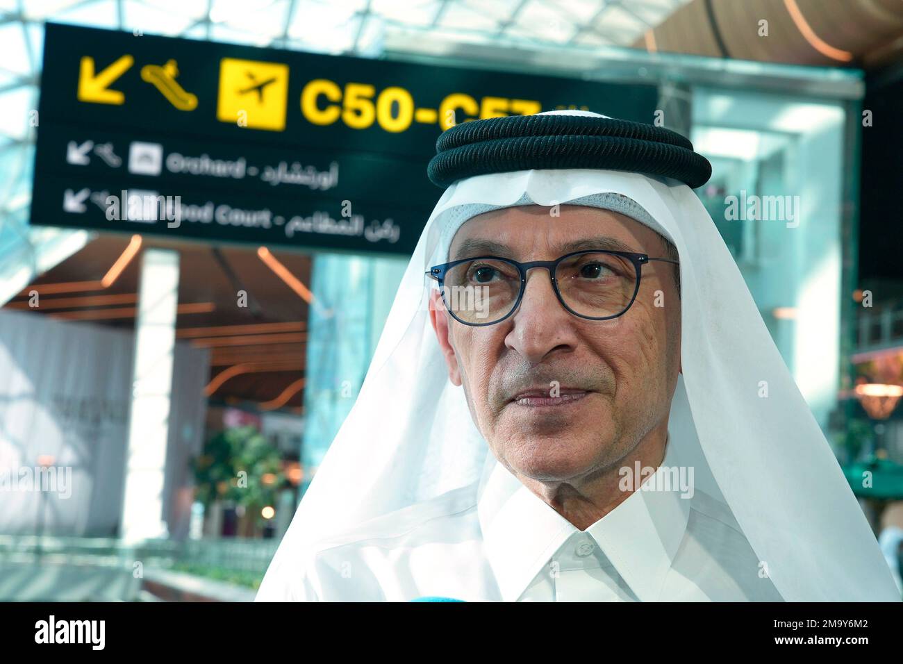 Qatar Airways CEO Akbar Al Baker listens to a journalist's question at