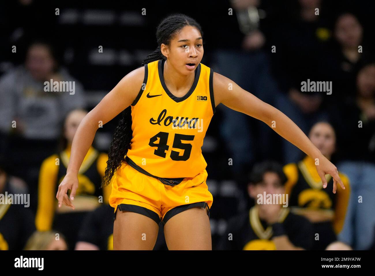Iowa forward Hannah Stuelke (45) plays defense during the second half