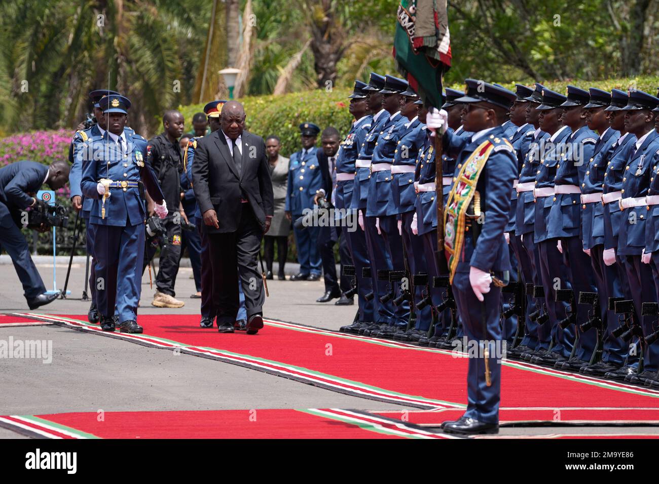 South Africa's President Cyril Ramaphosa inspects the guard of honor after  his arrival for a bilateral visit at State House in Nairobi, Kenya  Wednesday, Nov. 9, 2022. The presidents of South Africa