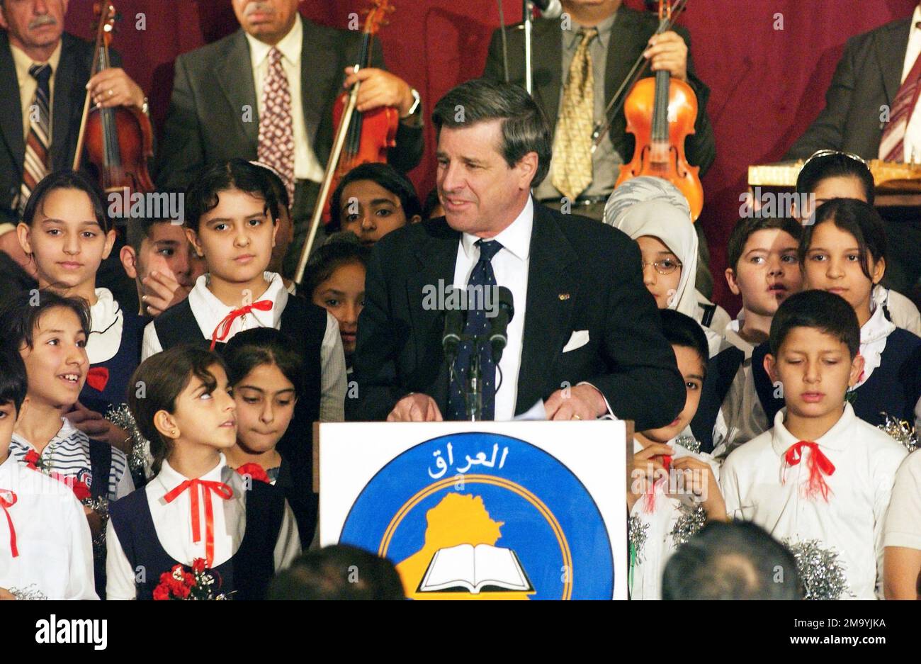 US Ambassador, the Honorable L. Paul Bremer, III, speaks at the Ministry of Education in Baghdad, on the current situation and new perspectives for education in Iraq during Operation IRAQI FREEDOM. Subject Operation/Series: IRAQI FREEDOM Base: Baghdad Country: Iraq (IRQ) Stock Photo
