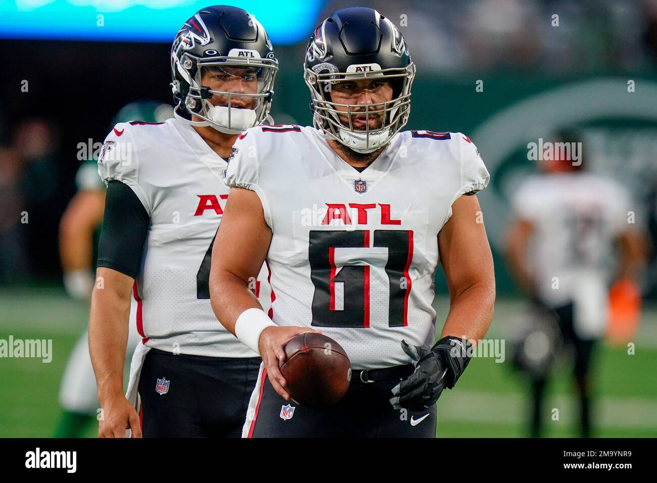 FILE - Atlanta Falcons center Matt Hennessy (61) practices before a  preseason NFL football game against the New York Jets, Monday, Aug. 22,  2022, in East Rutherford, N.J. The Falcons' depth at