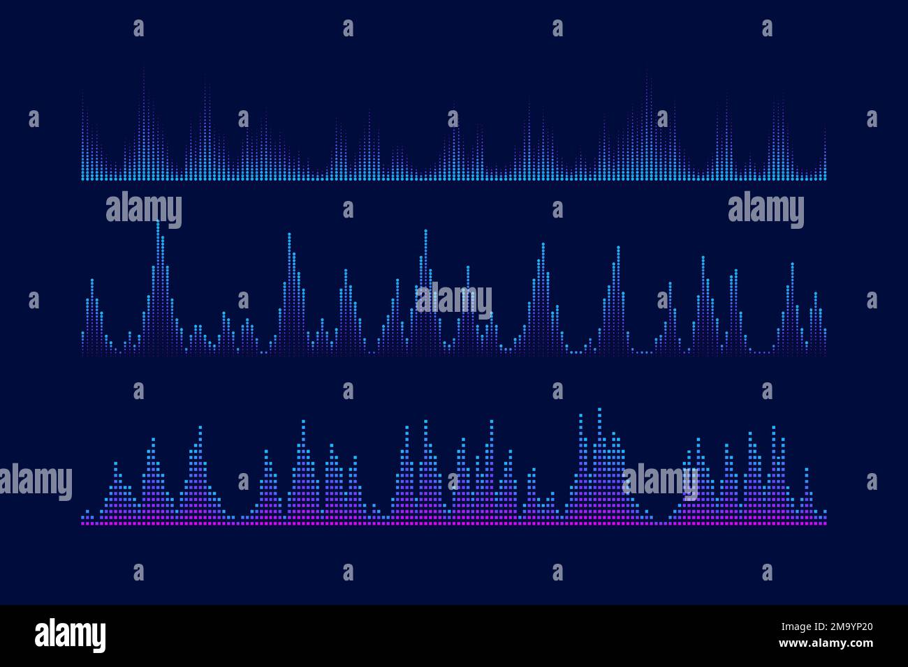 Sound equalizer and visualication set. Music wave bars collection. Podcast, audio tracks or voice messages. Diagram, chart or signal concepts.  Stock Vector