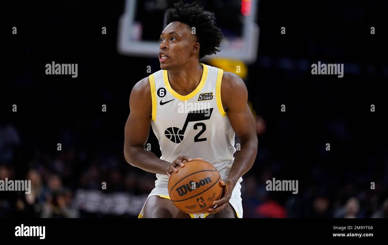 Utah Jazz guard Collin Sexton (2) dribbles during an NBA basketball ...