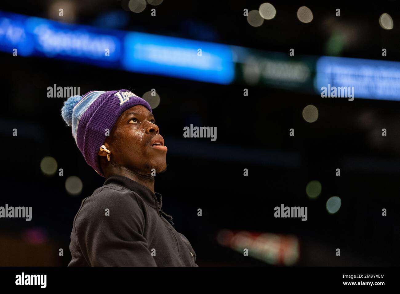 Los Angeles, USA. 18th Jan, 2023. National basketball player Dennis Schröder warms up before the Los Angeles Lakers' NBA game against the Sacramento Kings. Credit: Maximilian Haupt/dpa/Alamy Live News Stock Photo