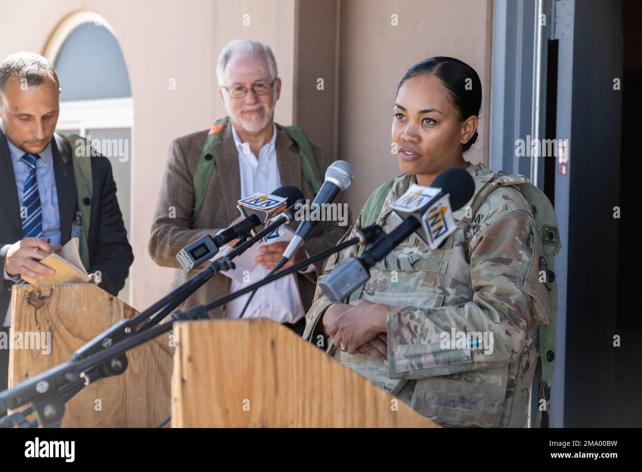 U.S. Army Trooper Maj. Gabriela Thompson, the public affairs officer assigned to the 3d Cavalry Regiment, speaks at a press conference to affirm commitment to the local government and the return of the city of Razish to Atropian authorities during a training rotation to the National Training Center, Fort Irwin, California, May 21, 2022. Thompson spoke on behalf of the Regimental commander and addressed concerns regarding the conflict in process during the training rotation. Stock Photo