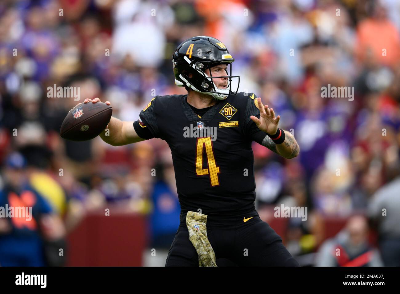 Washington Commanders quarterback Taylor Heinicke (4) in action during the  first half of an NFL football game against the Minnesota Vikings, Sunday,  Nov. 6, 2022, in Landover, Md. (AP Photo/Nick Wass Stock
