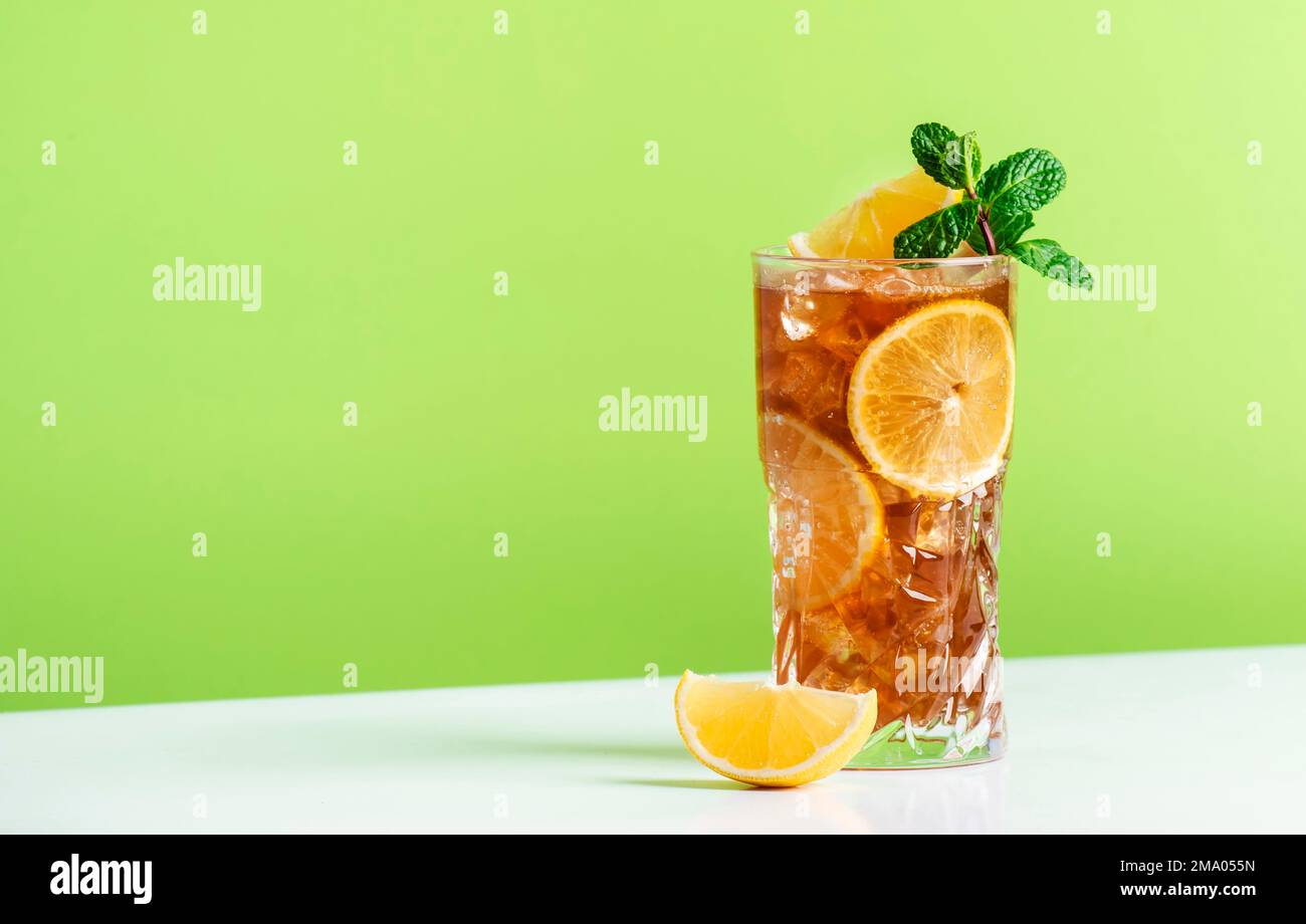 Long Island ice tea cocktail with vodka, rum, tequila, gin, liquor