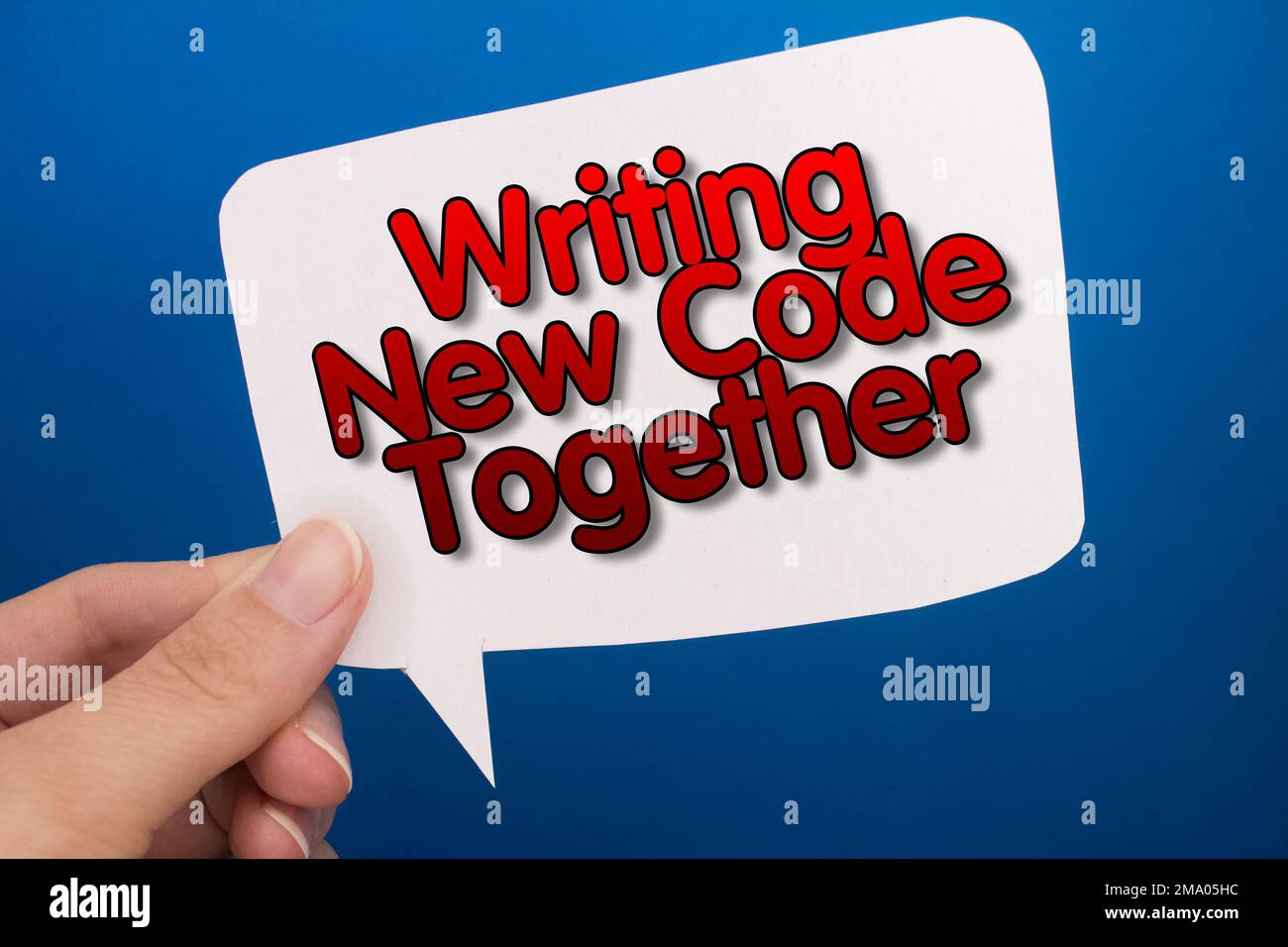 Speech bubble in front of colored background with Writing New Code Together text. Stock Photo