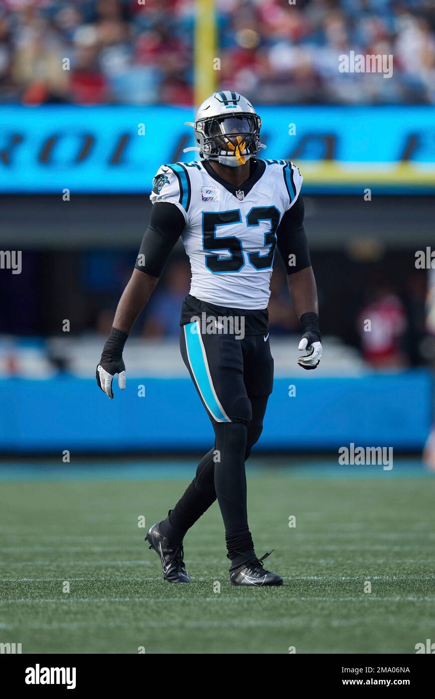 Carolina Panthers defensive end Brian Burns (53) on defense during an NFL  football game against the Carolina Panthers, Sunday, Oct. 9, 2022, in  Charlotte, N.C. (AP Photo/Brian Westerholt Stock Photo - Alamy