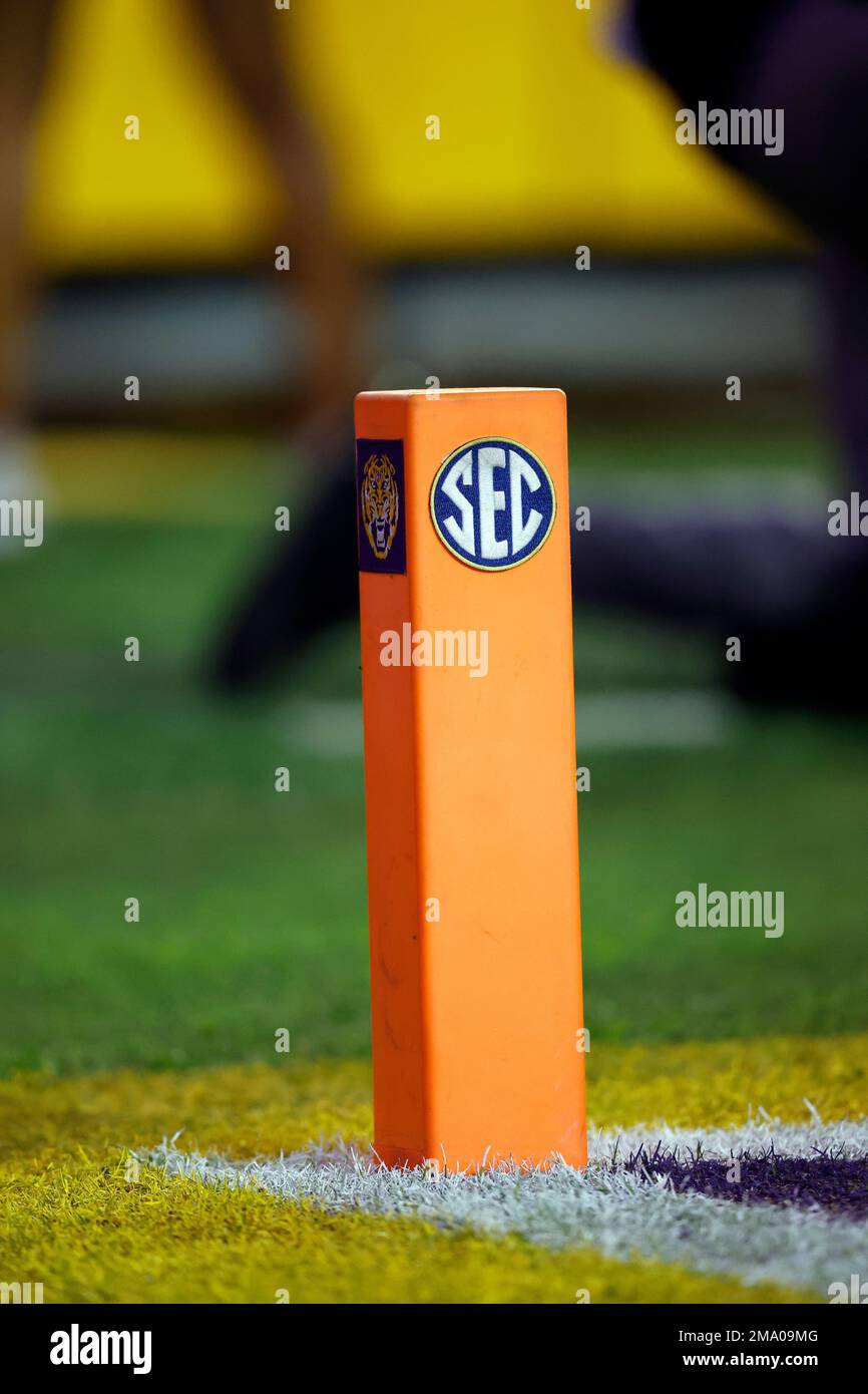 An end zone pylon is seen during an NCAA college football game between