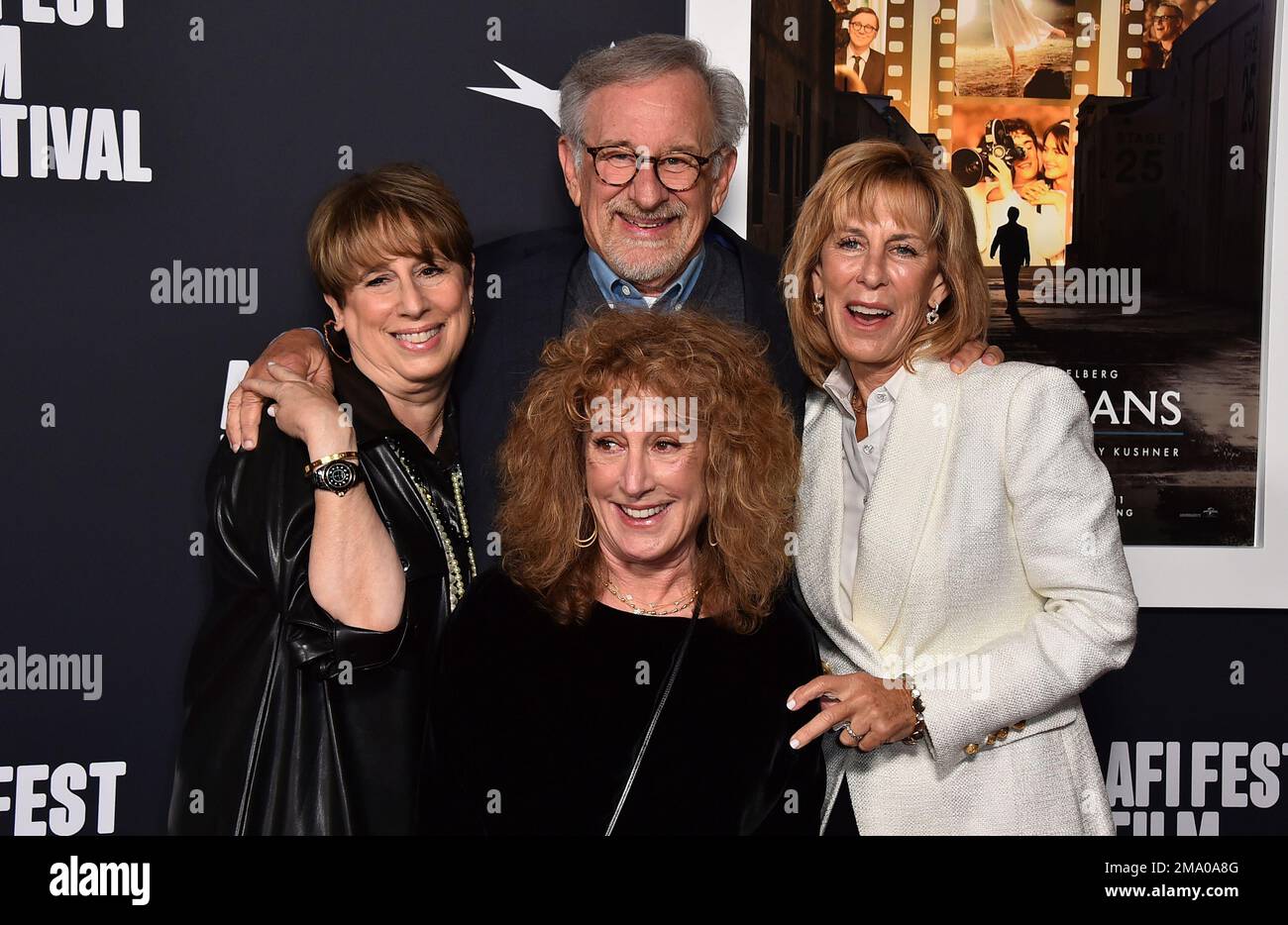 Steven Spielberg, center, poses with his sisters Sue Spielberg, from