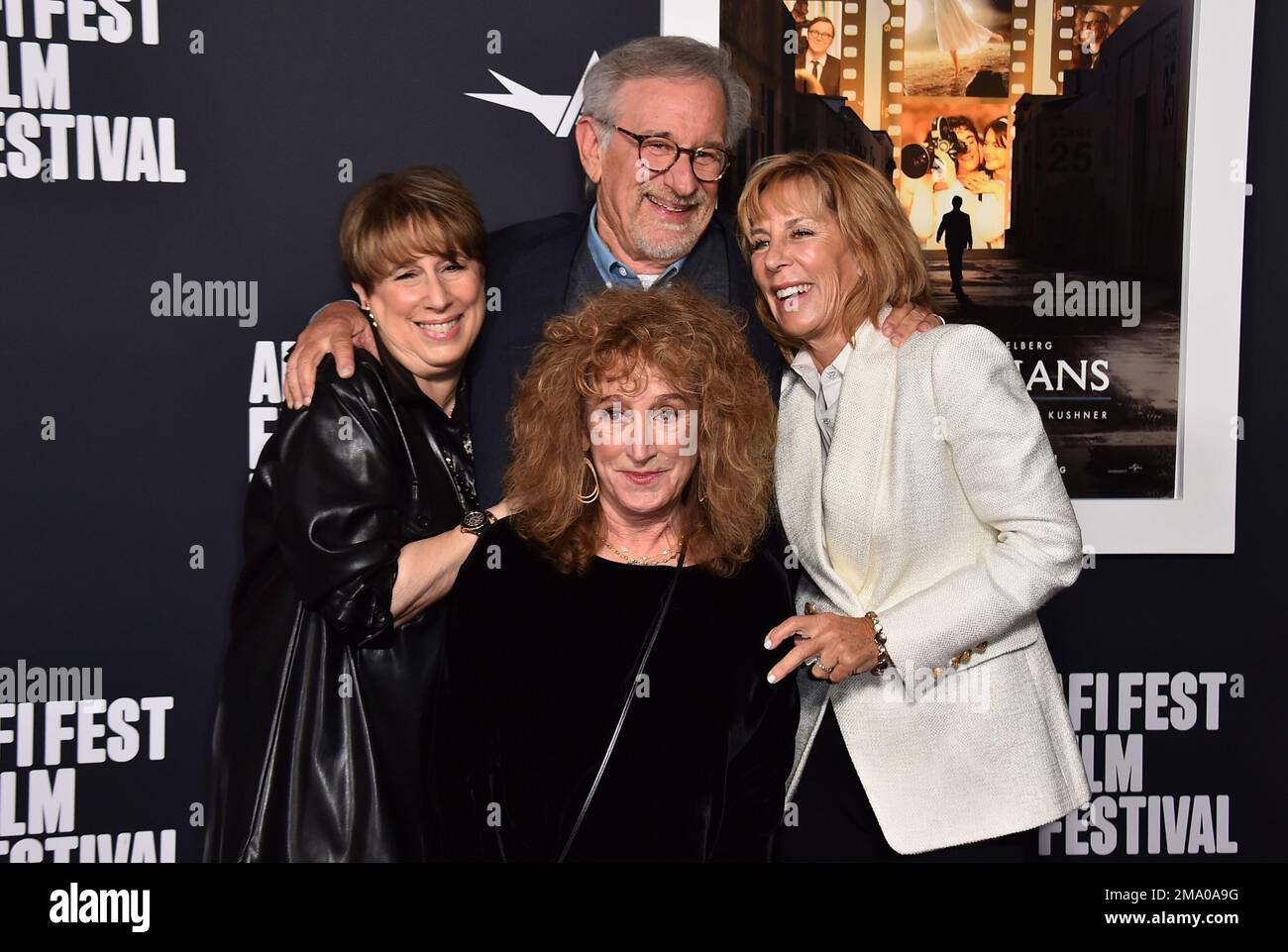 Steven Spielberg, center, poses with his sisters Sue Spielberg, from