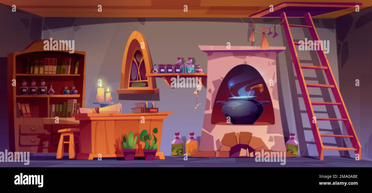 Alchemist, witch or wizard room with books, potions, candles and cauldron in stove. Magician laboratory or alchemy shop interior with flasks and bottl Stock Vector