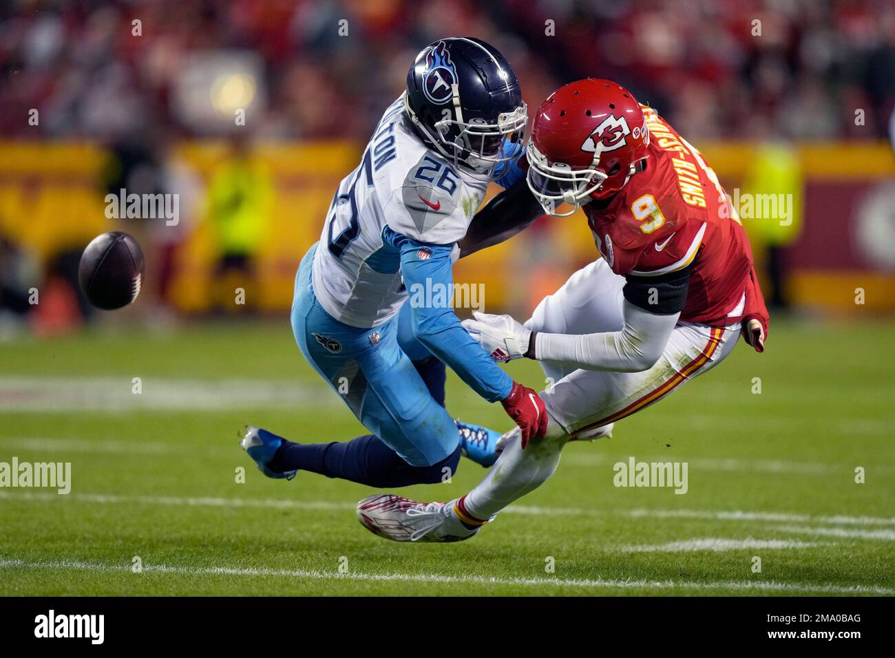 Tennessee Titans cornerback Kristian Fulton (26) breaks up a pass intended  for Kansas City Chiefs wide receiver JuJu Smith-Schuster (9) during the  second half of an NFL football game Sunday, Nov. 6,