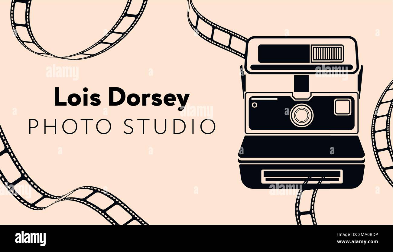 Photographers business card with name and old school retro camera. Professional photo studio worker, specialist taking pictures with lights and specia Stock Vector