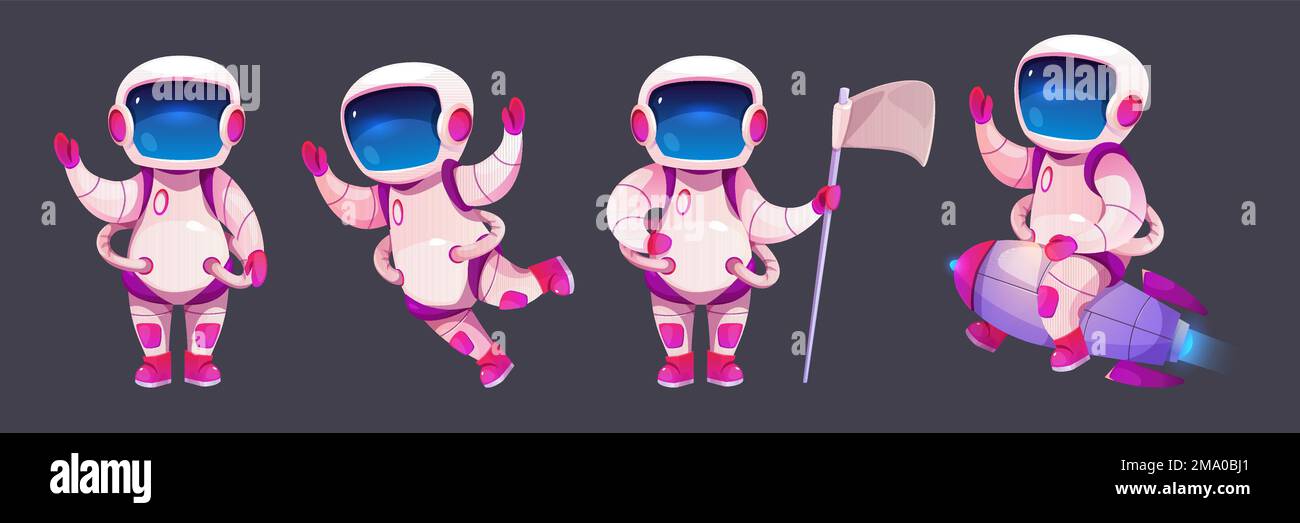 Cartoon astronaut character set isolated on black background. Vector illustration of cute cosmonaut in spacesuit waving hello, floating in outer space Stock Vector