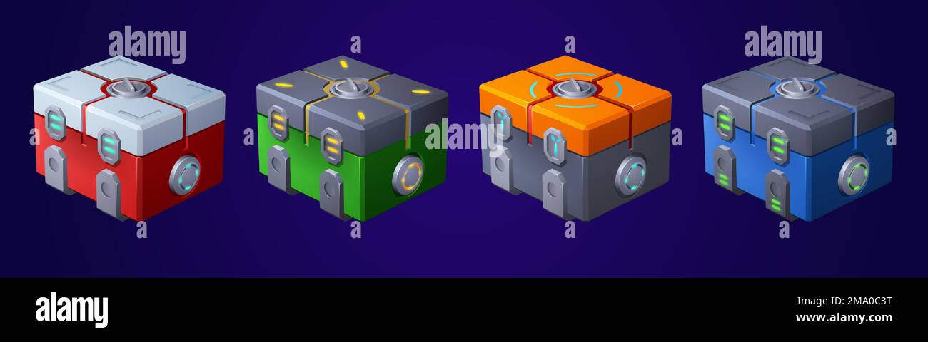 Game futuristic boxes, future technology chests. Icons of